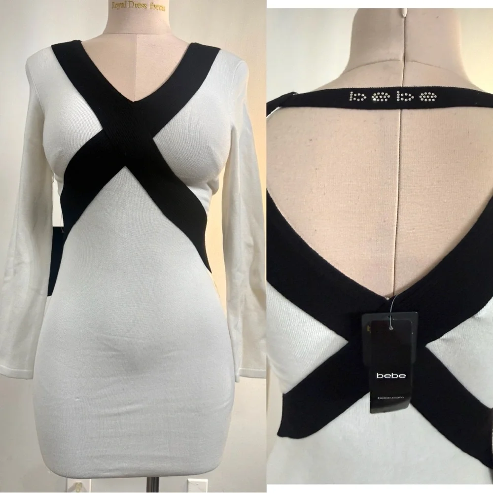 Bebe White Rhinestone Ribbed Dress Small NEW - Picture 1 of 5